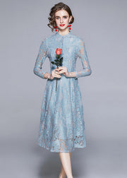 Style Blue Stand Collar Hollow Out Patchwork Lace Dress Summer