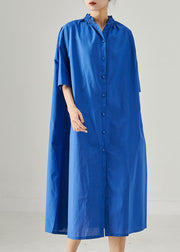 Style Blue Stand Collar Oversized Cotton Shirt Dress Summer