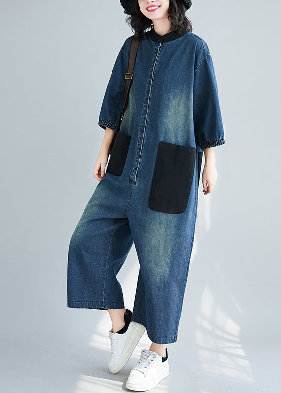 Style Blue Stand Collar Oversized Patchwork Pockets Denim Jumpsuits Summer