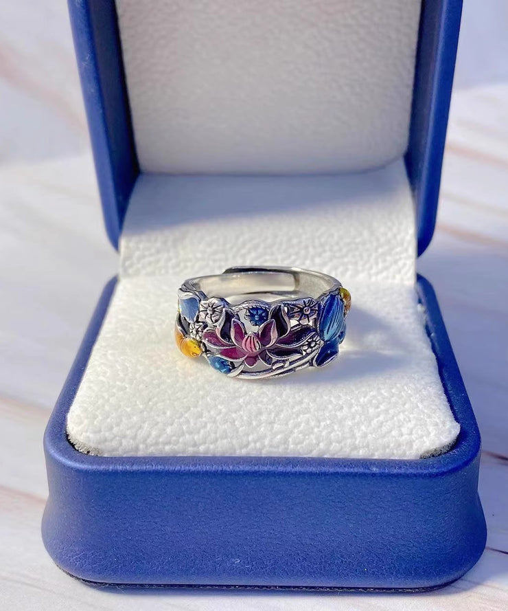 Style Blue Sterling Silver Cloisonne Brocaded Carp Rings