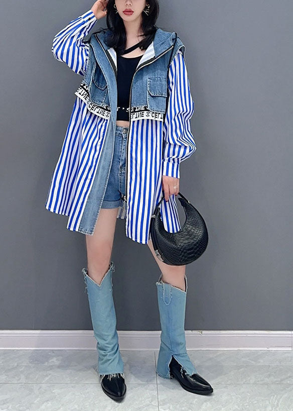 Style Blue Striped Patchwork False Two Pieces Denim Hoodies Outwear Long Sleeve