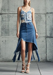 Style Blue Tasseled Asymmetrical Design Denim Skirt Spring