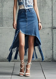 Style Blue Tasseled Asymmetrical Design Denim Skirt Spring