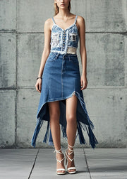 Style Blue Tasseled Asymmetrical Design Denim Skirt Spring