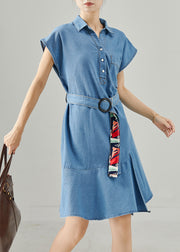 Style Blue Tie Waist Denim Mini Dresses Sleeveless