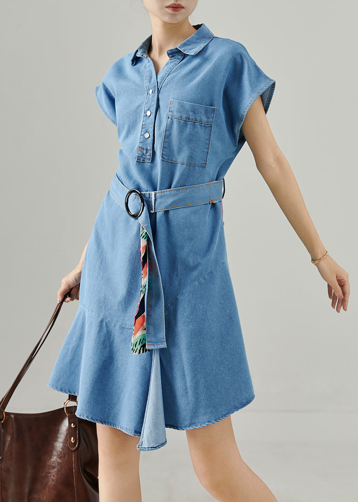 Style Blue Tie Waist Denim Mini Dresses Sleeveless