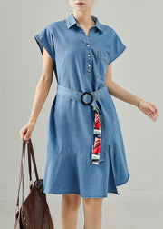 Style Blue Tie Waist Denim Mini Dresses Sleeveless