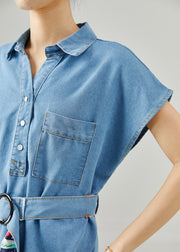 Style Blue Tie Waist Denim Mini Dresses Sleeveless