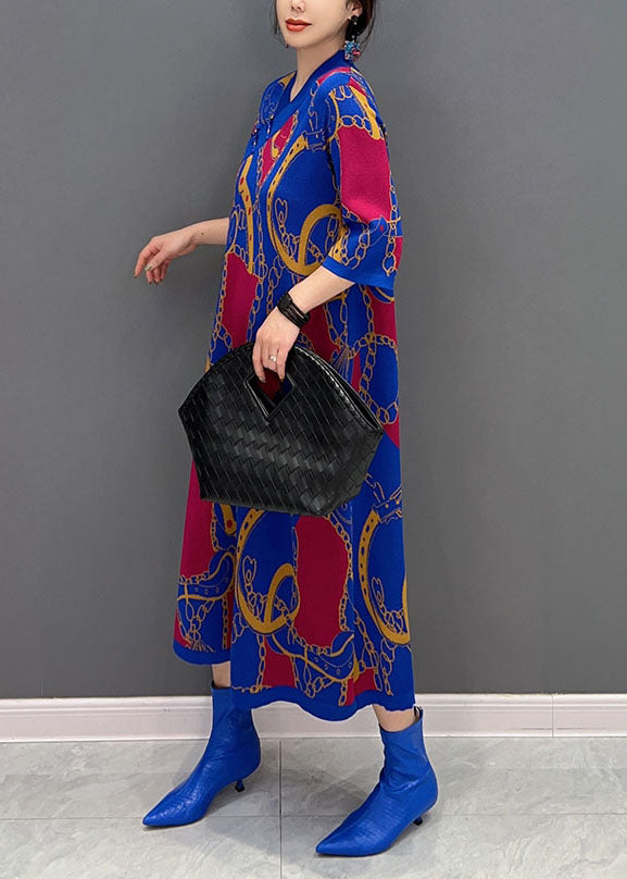 Style Blue V Neck Oriental Button Print Long Dress Half Sleeve