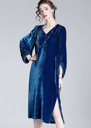 Style Blue V Neck Patchwork Wrinkled Silk Velour Dresses Spring