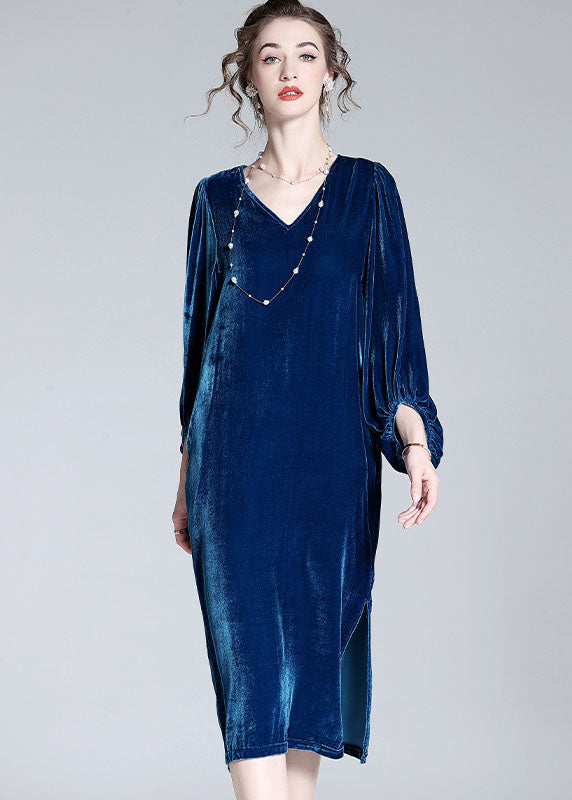 Style Blue V Neck Patchwork Wrinkled Silk Velour Dresses Spring