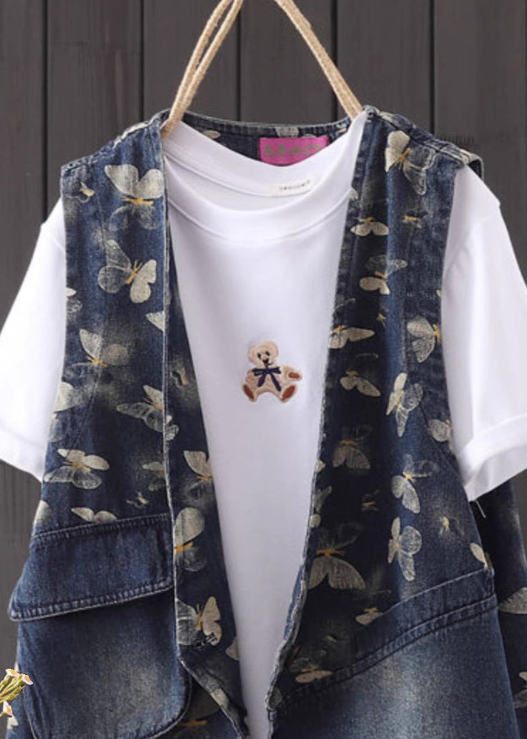 Style Blue V Neck Print Pockets Denim Coats Fall