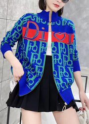 Style Blue Zip Up Graphic Zircon Knit Cardigans Spring