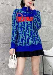 Style Blue Zip Up Graphic Zircon Knit Cardigans Spring