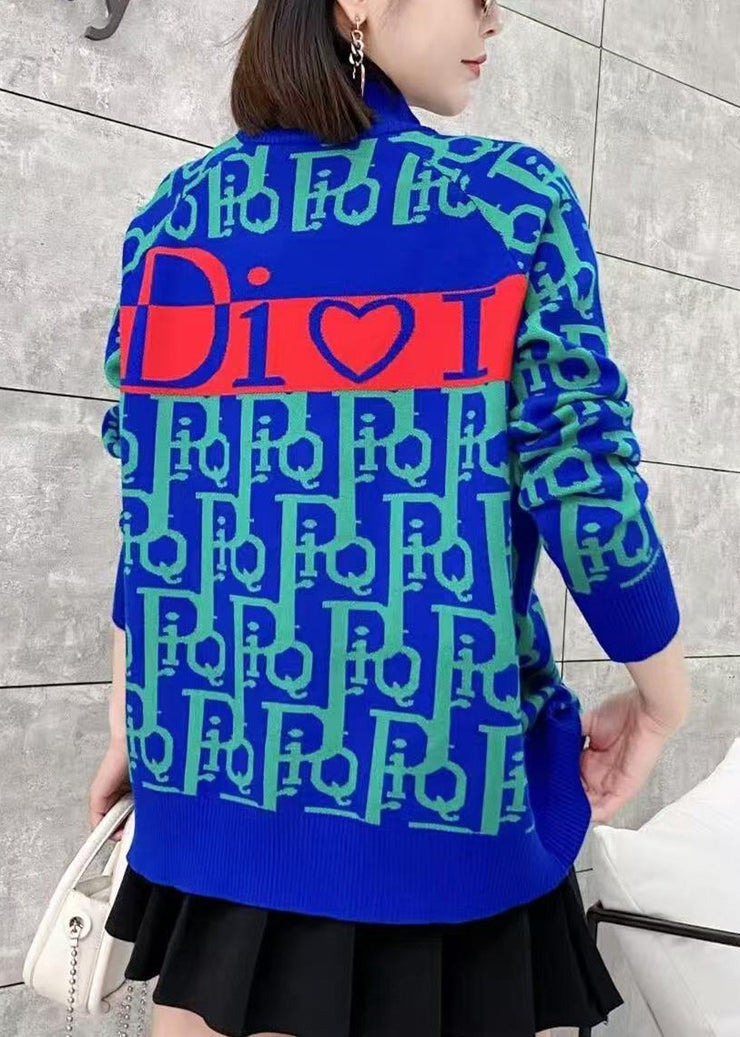 Style Blue Zip Up Graphic Zircon Knit Cardigans Spring