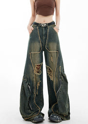 Style Blue Zip Up Pockets Ripped Denim Wide Leg Pants Spring