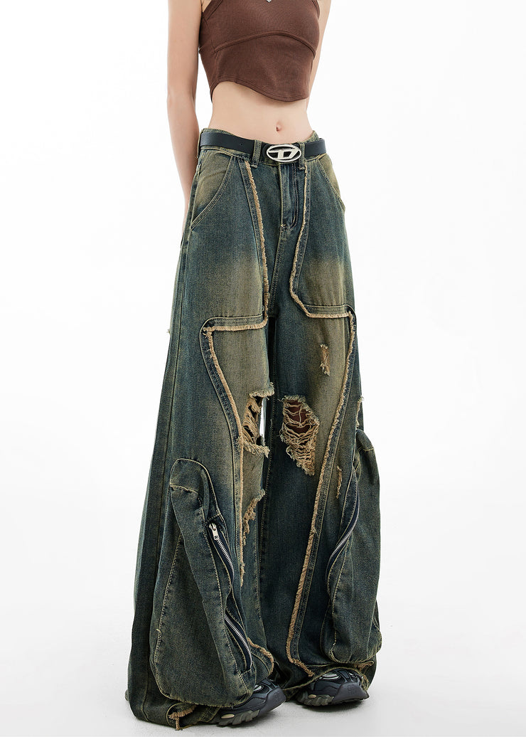 Style Blue Zip Up Pockets Ripped Denim Wide Leg Pants Spring