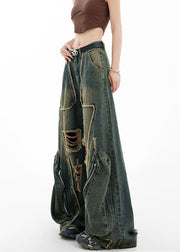 Style Blue Zip Up Pockets Ripped Denim Wide Leg Pants Spring