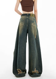 Style Blue Zip Up Pockets Ripped Denim Wide Leg Pants Spring