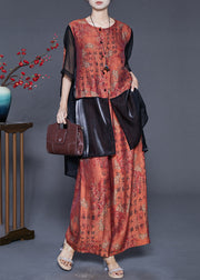 Style Brick Red Print Patchwork Low High Design Silk Two Pieces Set Summer