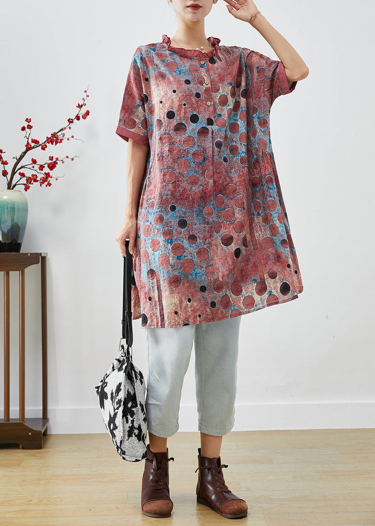 Style Brick Red Ruffled Print Linen Dresses Summer