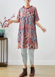 Style Brick Red Ruffled Print Linen Dresses Summer