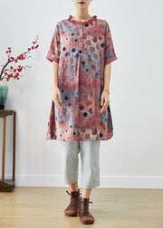 Style Brick Red Ruffled Print Linen Dresses Summer