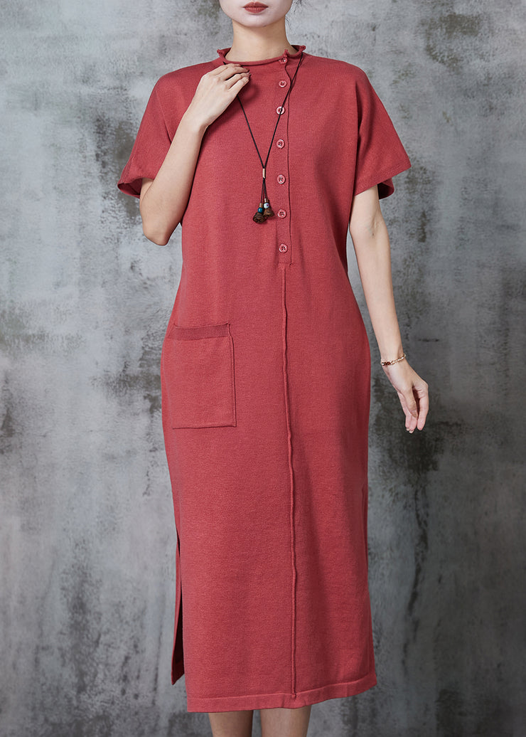 Style Brick Red Side Open Silm Fit Knit Dress Summer