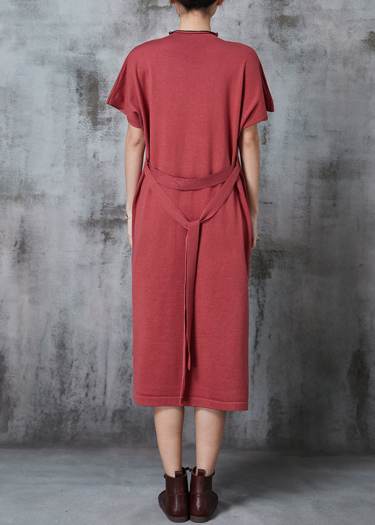Style Brick Red Side Open Silm Fit Knit Dress Summer