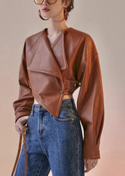 Style Brown Asymmetrical Patchwork Faux Leather Short Coat Spring