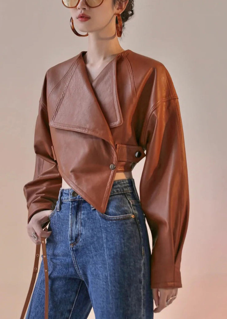 Style Brown Asymmetrical Patchwork Faux Leather Short Coat Spring