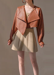 Style Brown Asymmetrical Patchwork Faux Leather Short Coat Spring