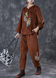 Style Brown Oversized Patchwork Corduroy Two Piece Suit Set Spring