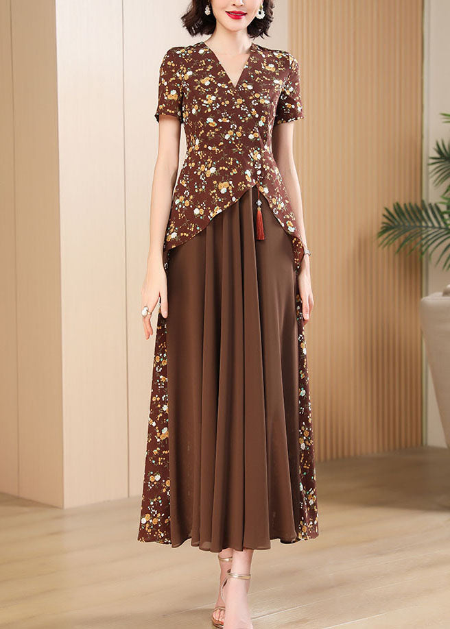 Style Brown Print Patchwork Chiffon Maxi Dress Short Sleeve