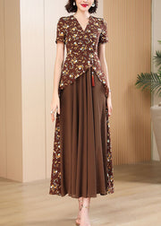 Style Brown Print Patchwork Chiffon Maxi Dress Short Sleeve