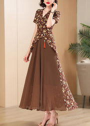 Style Brown Print Patchwork Chiffon Maxi Dress Short Sleeve