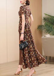 Style Brown Print Patchwork Chiffon Maxi Dress Short Sleeve