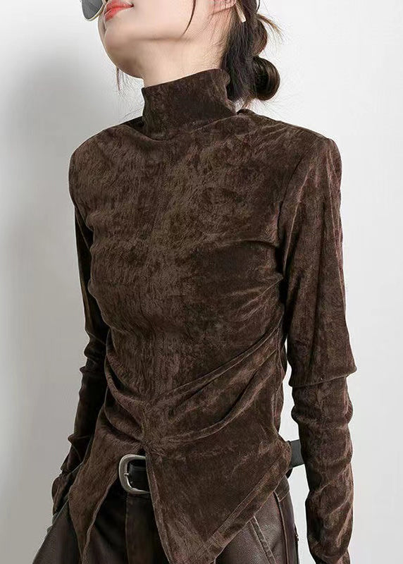 Style Brown Stand Collar Side Open Velour Tops Spring