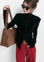 Style Brown Stand Collar Side Open Velour Tops Spring