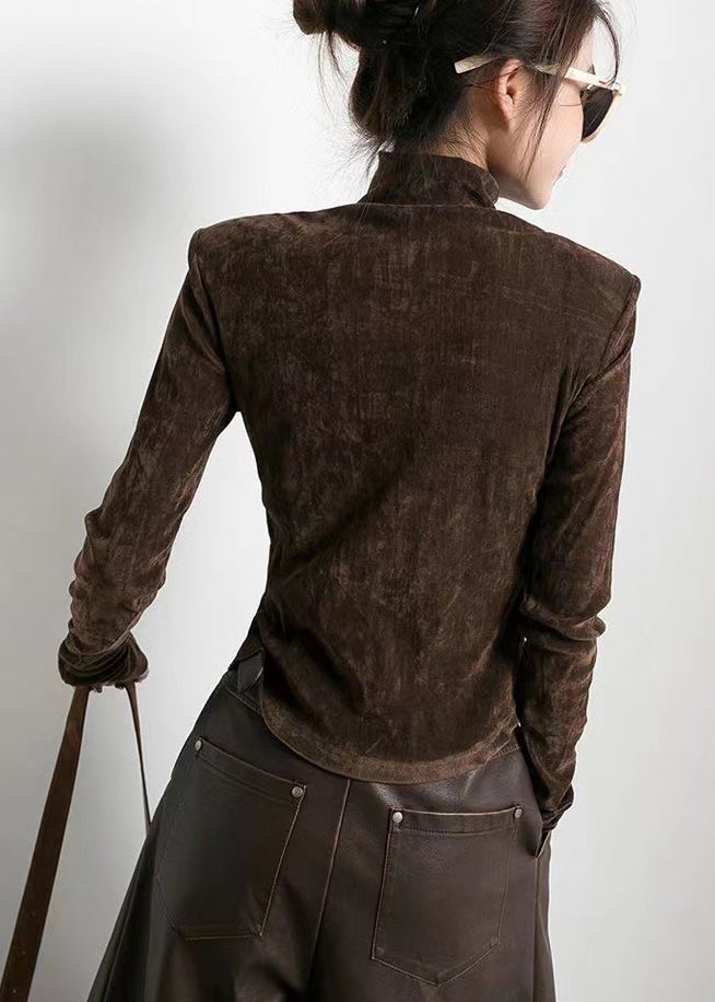 Style Brown Stand Collar Side Open Velour Tops Spring