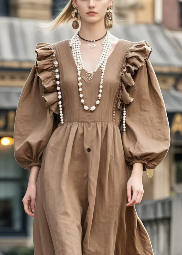 Style Brown V Neck Ruffles Cotton Holiday Dress Spring