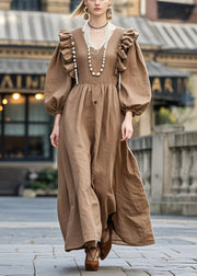 Style Brown V Neck Ruffles Cotton Holiday Dress Spring