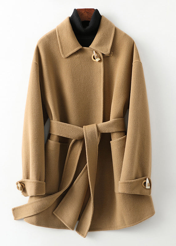 Style Camel Peter Pan Collar Button Woolen Coats Fall