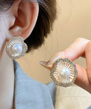 Style Champagne Alloy Zircon Pearl Stud Earrings