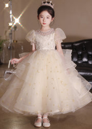 Style Champagne Sequins Patchwork Tulle Girls Maxi Dresses Summer