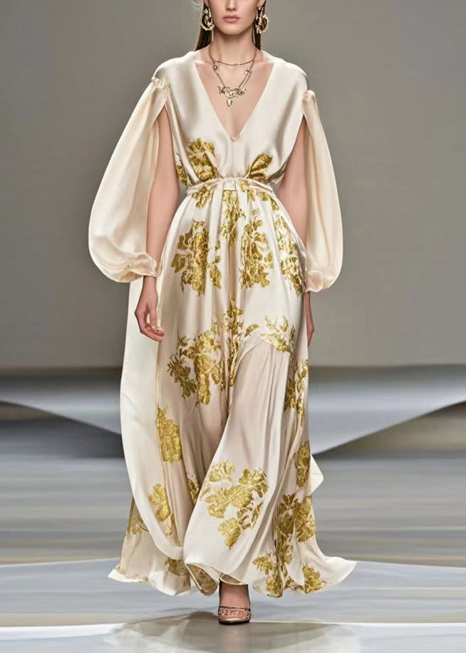 Style Champagne V Neck Print Silk Maxi Dress Cloak Sleeves