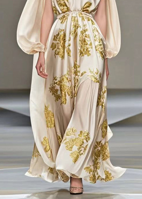 Style Champagne V Neck Print Silk Maxi Dress Cloak Sleeves