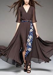 Style Chocolate Asymmetrical Patchwork Print Chiffon Ankle Dress Summer