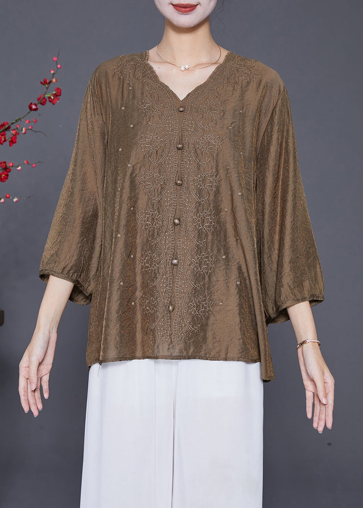 Style Chocolate V Neck Embroideried Silk Tops Bracelet Sleeve