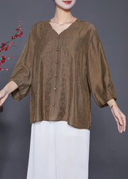 Style Chocolate V Neck Embroideried Silk Tops Bracelet Sleeve